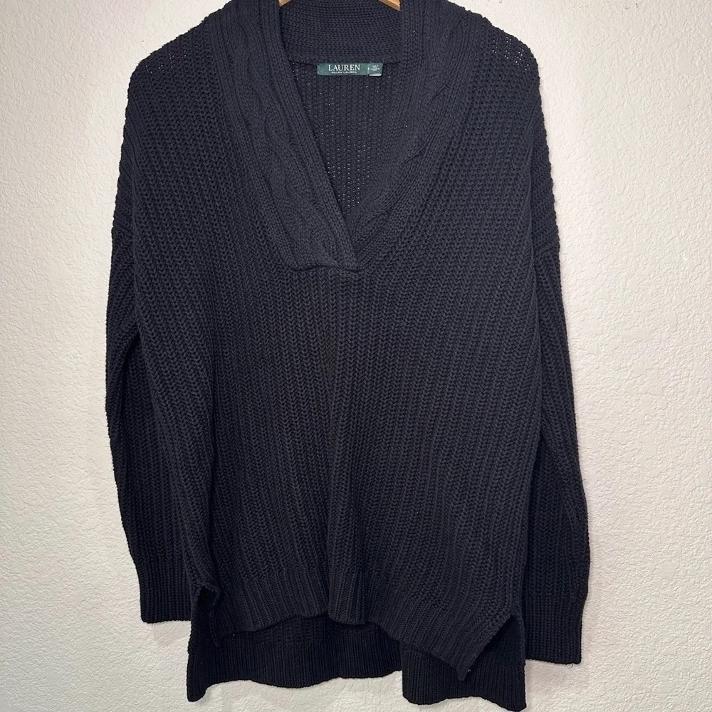 Lauren Ralph Lauren Womens Black Cotton Shaker Knit‎ Shawl Collar Sweater M
